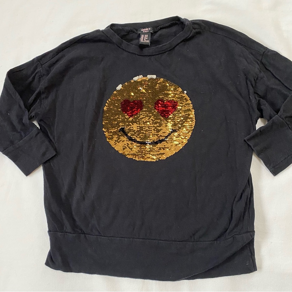 Forever 21 Reversible Sequin Smiley Face Cotton Top 9-10 Black